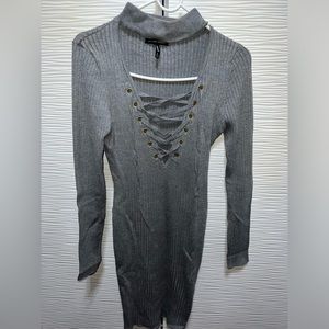 Gray cut out lace up front sweater dress